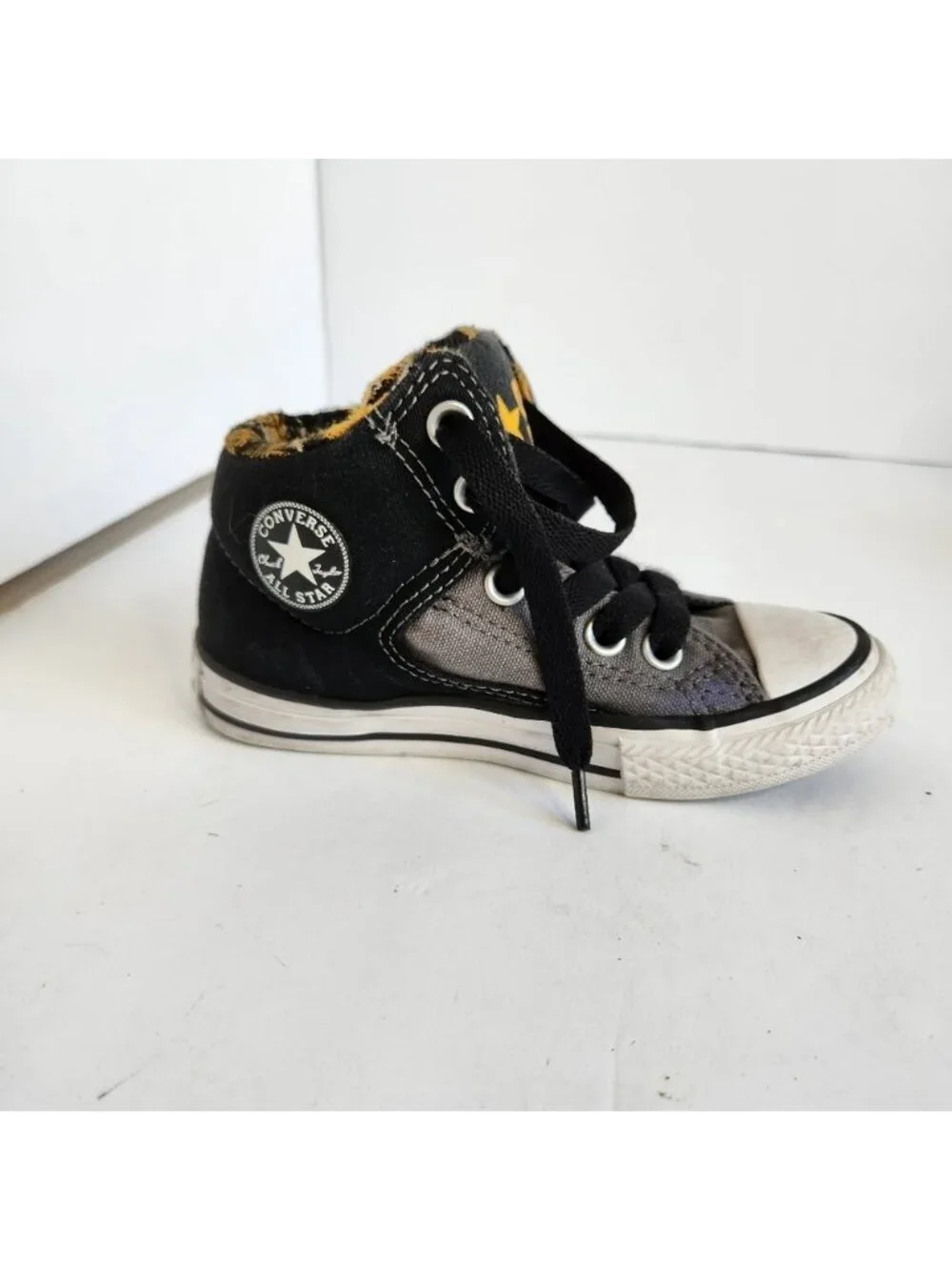 Converse Kids Black Gray Hi Top Sneakers Shoes Yellow Plaid Skater School 11